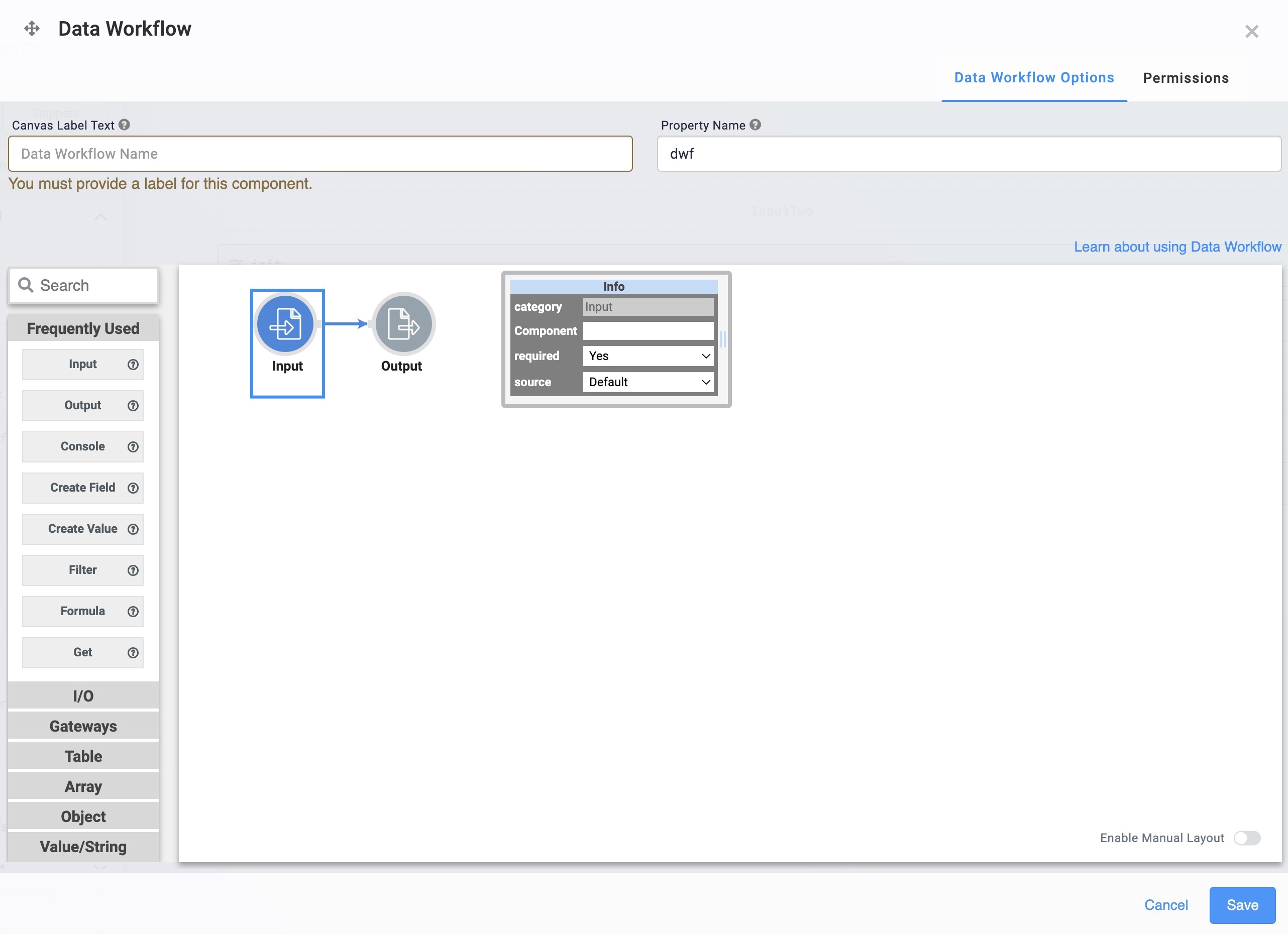 A static image displaying the Data Workflow configuration window.